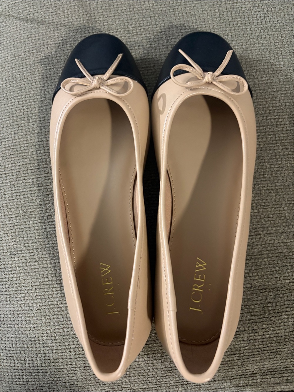 J. Crew Nude and Black Leather Cap-Toe Ballet Flats